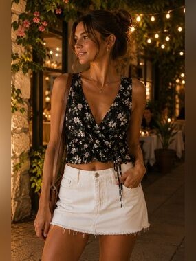 Pull&Bear Black Floral Wrap Tank Top with Tie Waist Size S Y2K Cottagecore